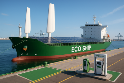 Eco-friendly ship with implementing green energy for ships propulsion systems at sustainable port facility