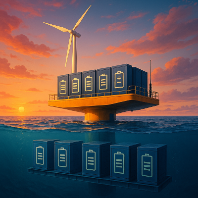 Ocean energy platform with battery storage units at sunset