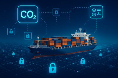 Illustration of a cargo ship connected to blockchain nodes for carbon tracking at sea.
