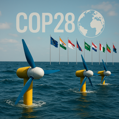 Ocean energy turbines with global summit backdrop representing COP28 climate discussions.