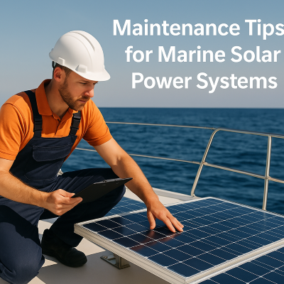 Marine technician inspecting solar panels on a boat at sea