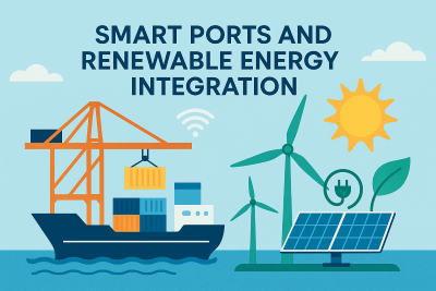 A digital illustration showing a smart port with a cargo ship being loaded by a crane on the left, and renewable energy elements on the right including wind turbines, solar panels, a sun, a power plug, and a Wi-Fi symbol—symbolizing the integration of smart technologies and clean energy in modern port operations.